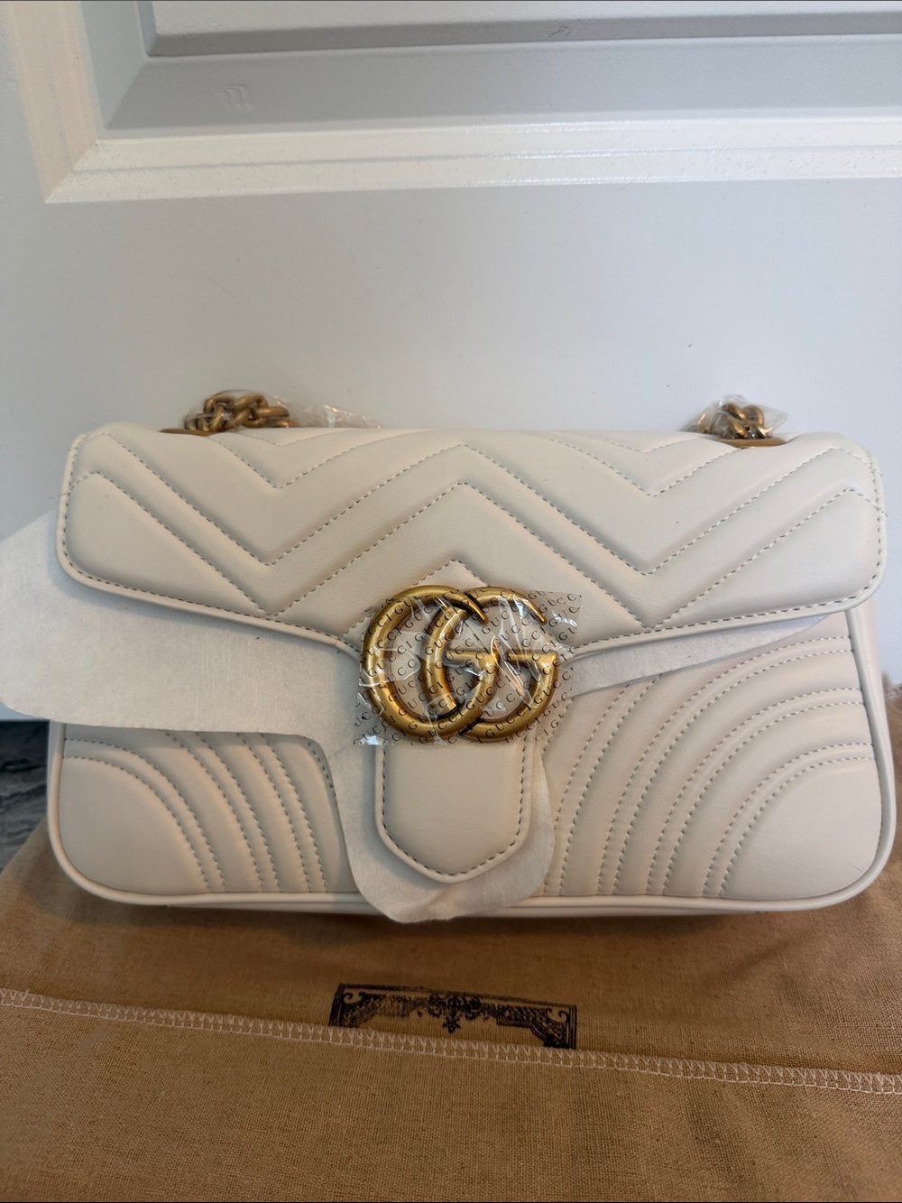 Designer-Inspired Quilted Cream Shoulder Bag with Gold Hardware